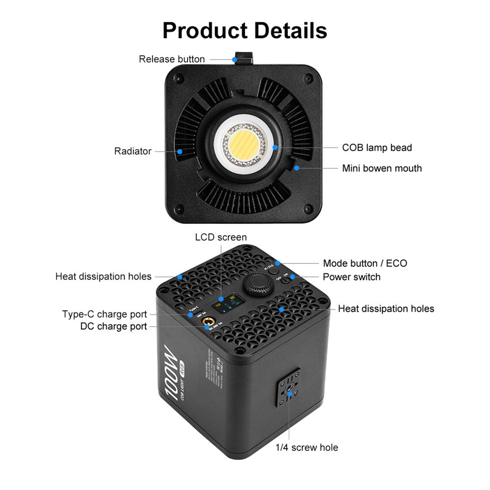 VLOGLITE P100RGB 100W COB Video Light 2700K-6500K CRI96+ Rechargeable Studio Lighting Wireless Photography Lamp