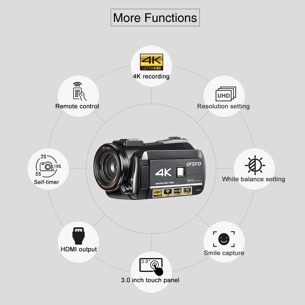 ORDRO AC3 Videokamera 4K Video Digitalt Kamera WiFi IR Nattesyn 3.1 Tommer IPS Skærm Kamera (Engelsk Version)