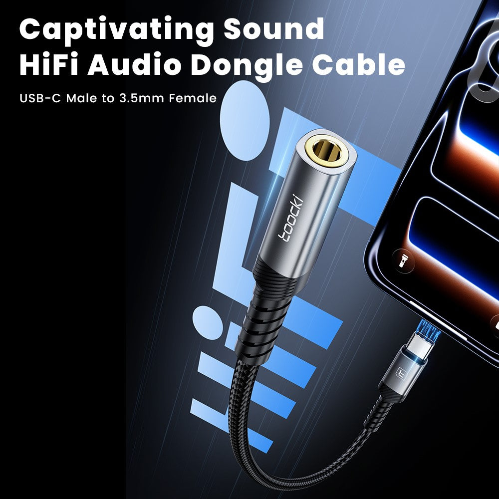 TOOCKI TQ-YP09A 0,12 m USB-C-hanstik til 3,5 mm-hunstik-lydadapterkabel med HiFi DAC-chip, Aux-kabel til hovedtelefoner