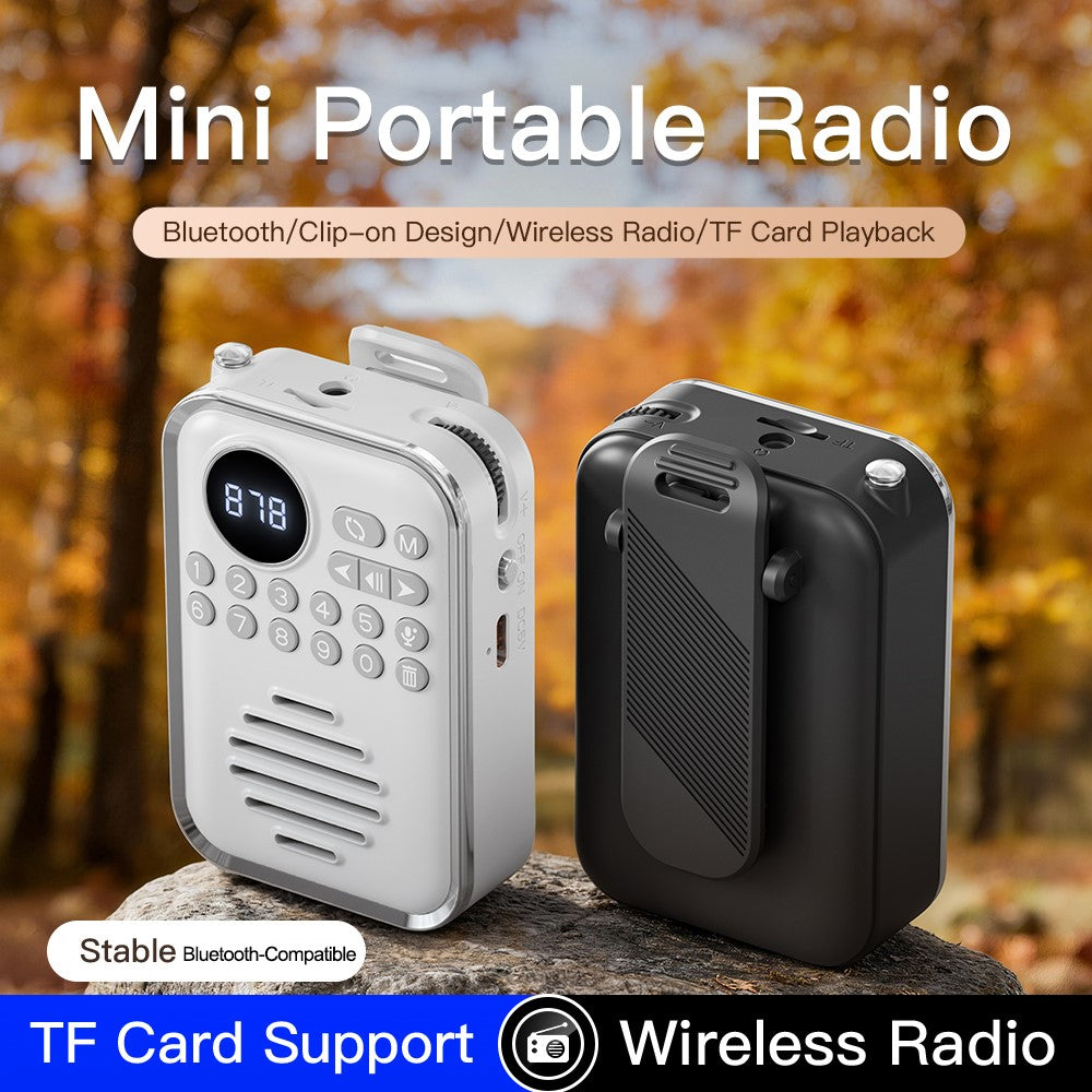 Bärbar Bluetooth-kompatibel 5.3-högtalare med FM-radio, klämfäste, TF-kort, trådlös miniradio för barn och seniorer