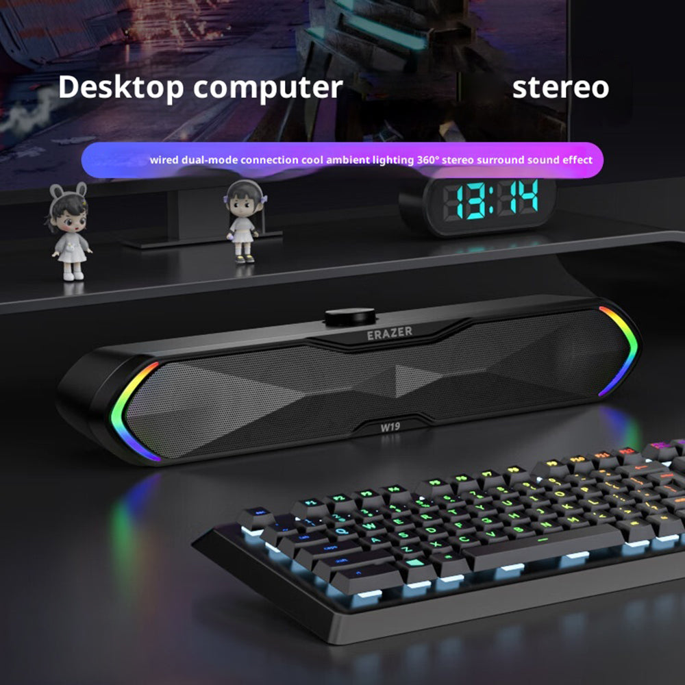 ERAZER W19 USB kablet/Bluetooth-kompatibel 5.3 dobbelt tilstand desktop-højttaler 6W RGB gaming soundbar til PC Bærbar