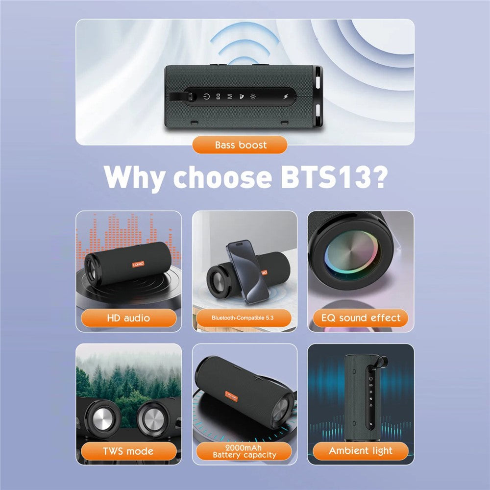 LDNIO BTS13 Bluetooth-compatible 5.3 Speaker 2000mAh RGB Ambient Light TWS Wireless Bass Stereo Wireless Speaker for Outdoor