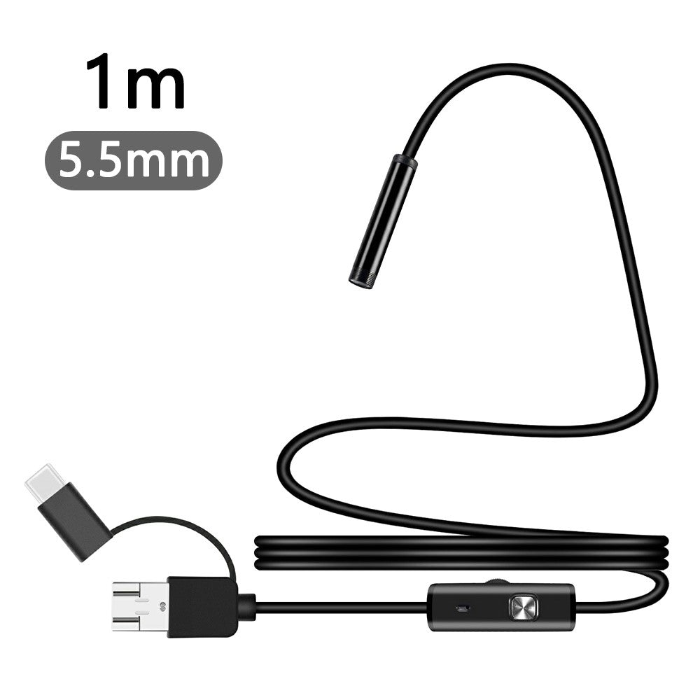 Y1002 1m Hard Wire 5.5mm Camera Lens Inspection Endoscope Type-C+USB+Android Phone Borescope
