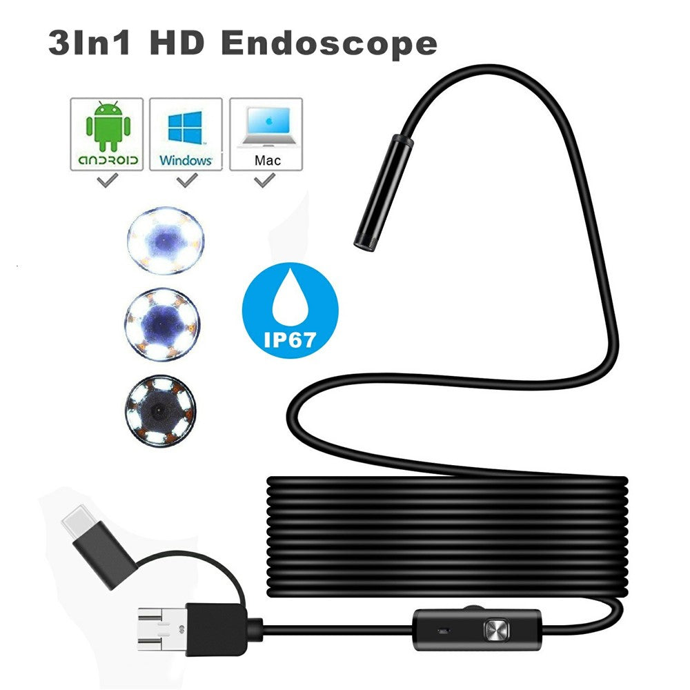 Y1002 1m Hard Wire 5.5mm Camera Lens Inspection Endoscope Type-C+USB+Android Phone Borescope