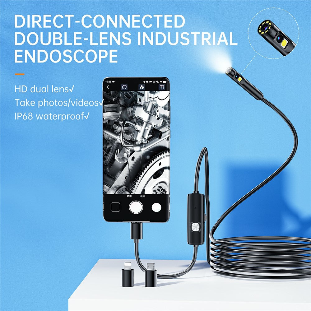 AN112 5m Soft Wire 8mm Dual Lens 3.0MP HD Endoscope Phone Industrial Pipe Inspection Camera