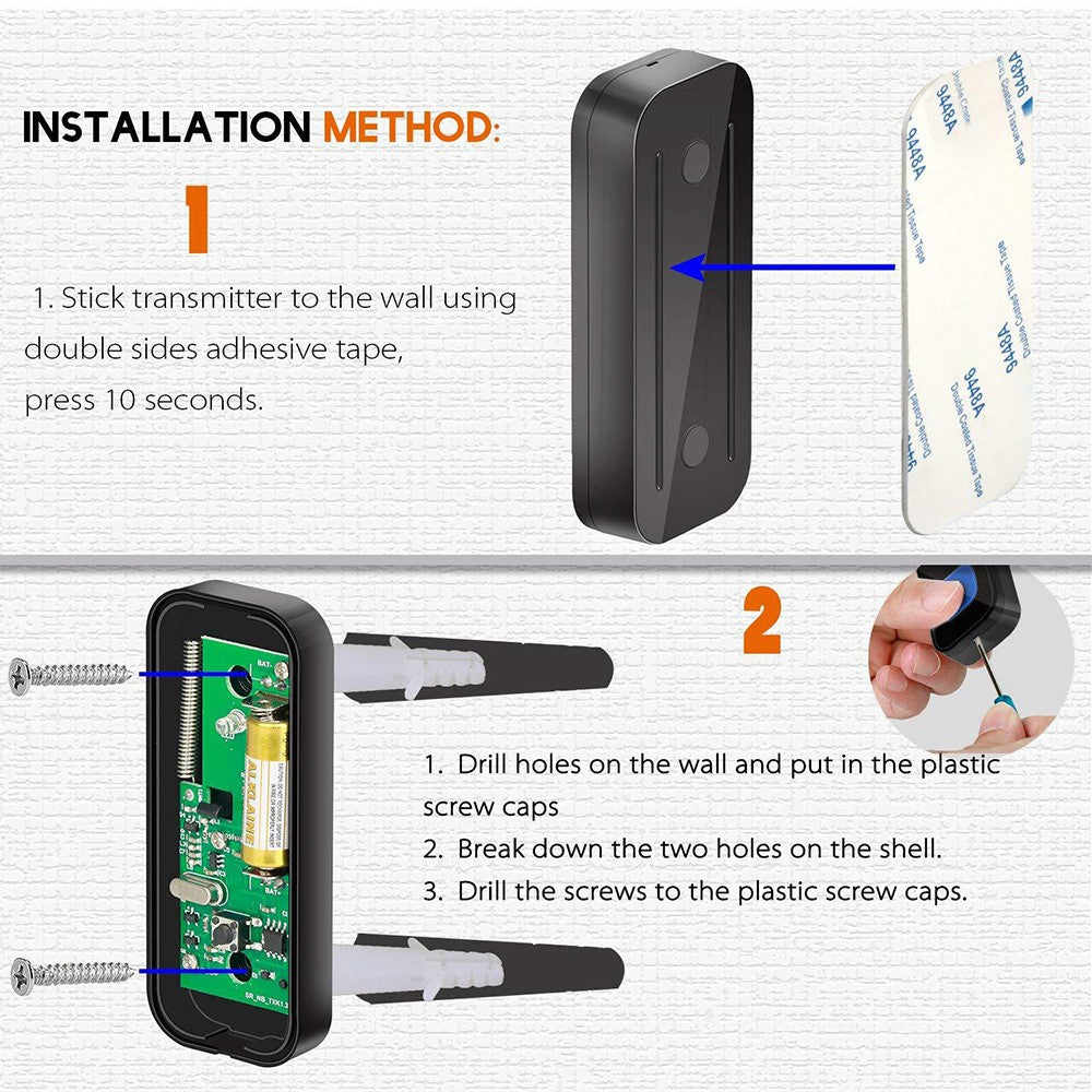 N20K-2T1 Waterproof Home Doorbell 55 Ringtones Wireless Door Bell with LED Light, 2 Transmitter+1 Receiver