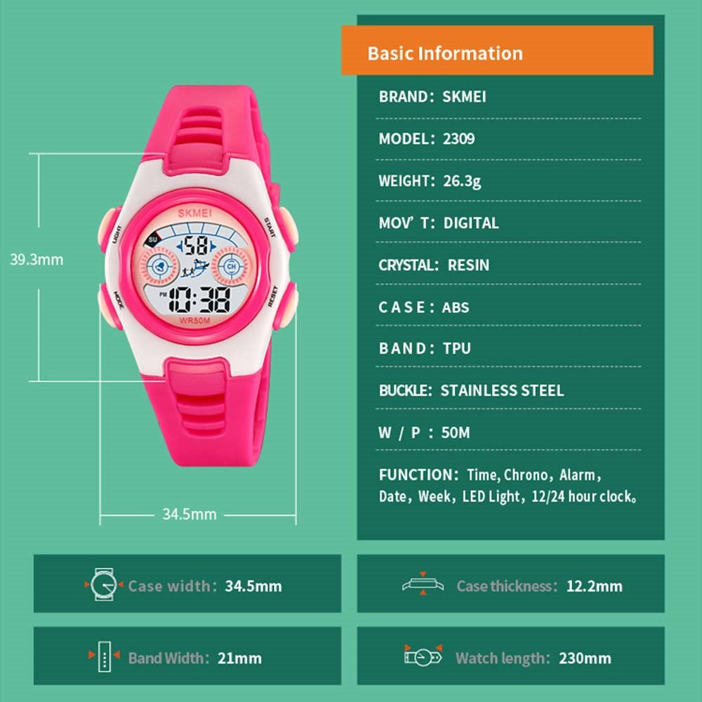 SKMEI 2309 Student Kids LED Backlight Digital Watch Date Alarm Clock Sports Electronic Watch