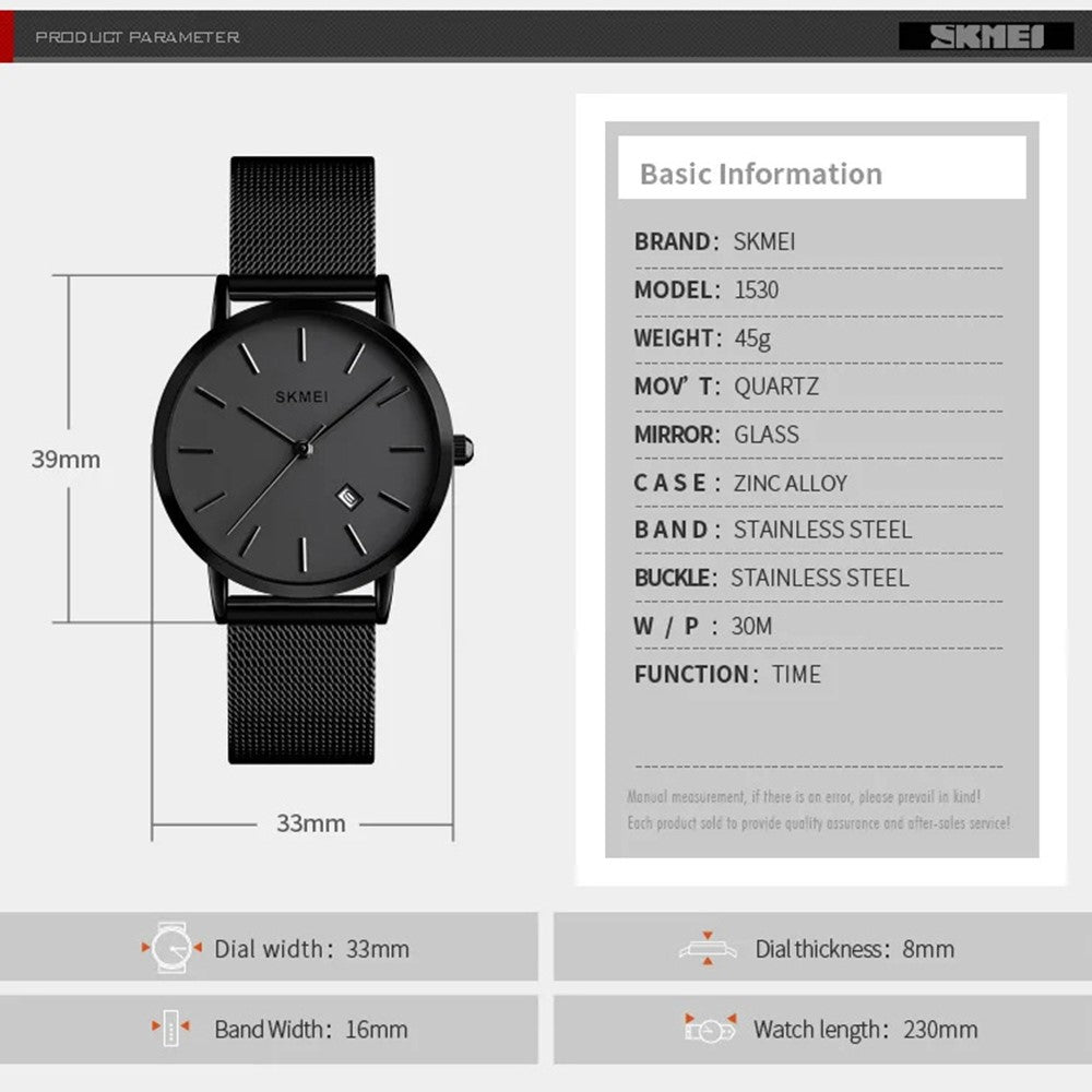 SKMEI 1530 8mm Slim Stylish Men Women Quartz Watch Stainless Steel Strap Wrist Watch