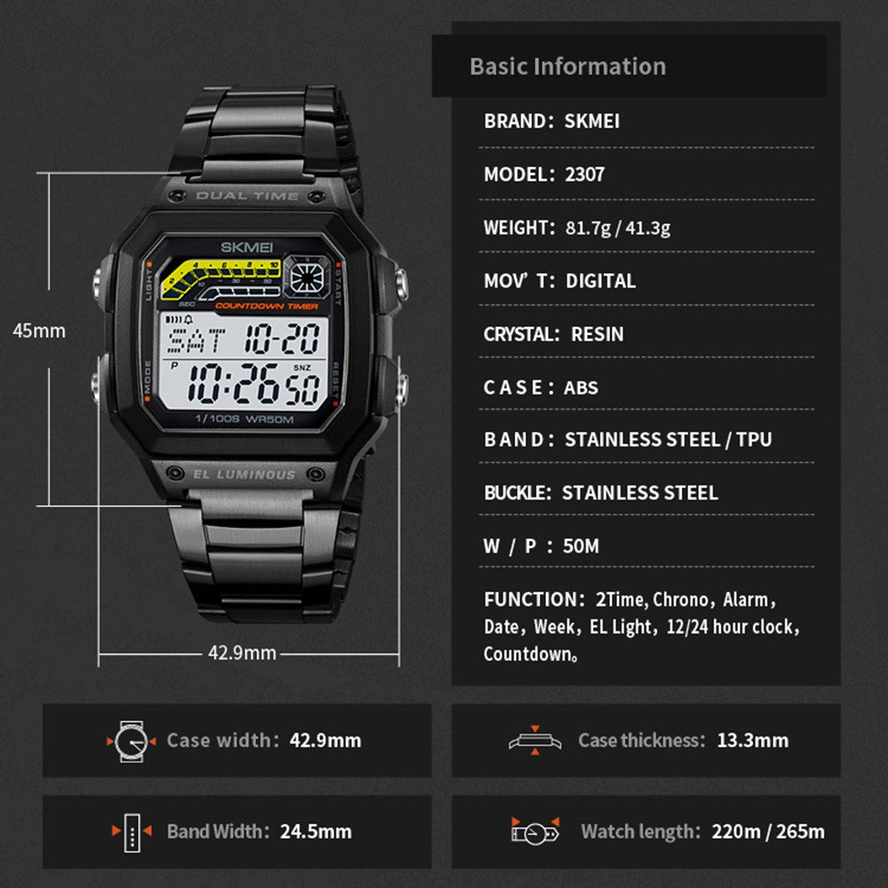 SKMEI 2307 Square Digital Watch Luminous Outdoor Sports Electronic Watch