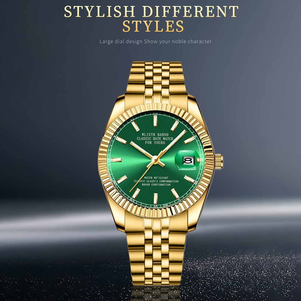 WLISTH 6156 Steel Strap Men Quartz Watch Waterproof Luminous Calendar Wrist Watch