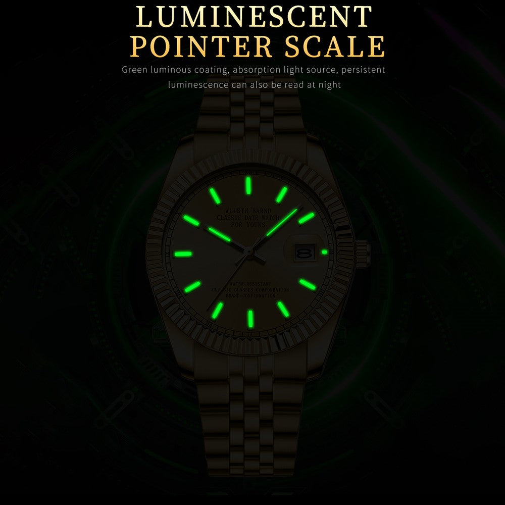 WLISTH 6156 Steel Strap Men Quartz Watch Waterproof Luminous Calendar Wrist Watch