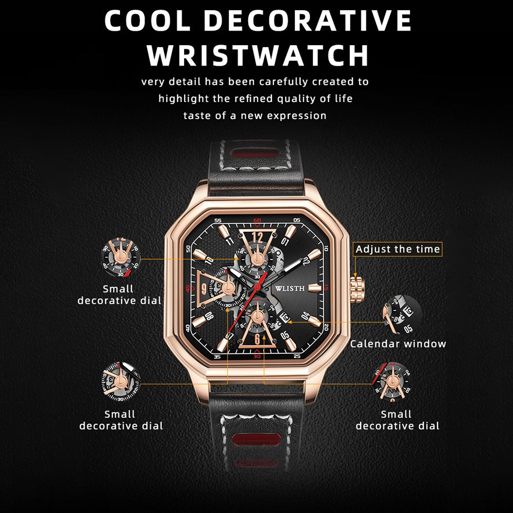 WLISTH 6146 Stylish Men Calendar Quartz Watch Square Luminous Wrist Watch