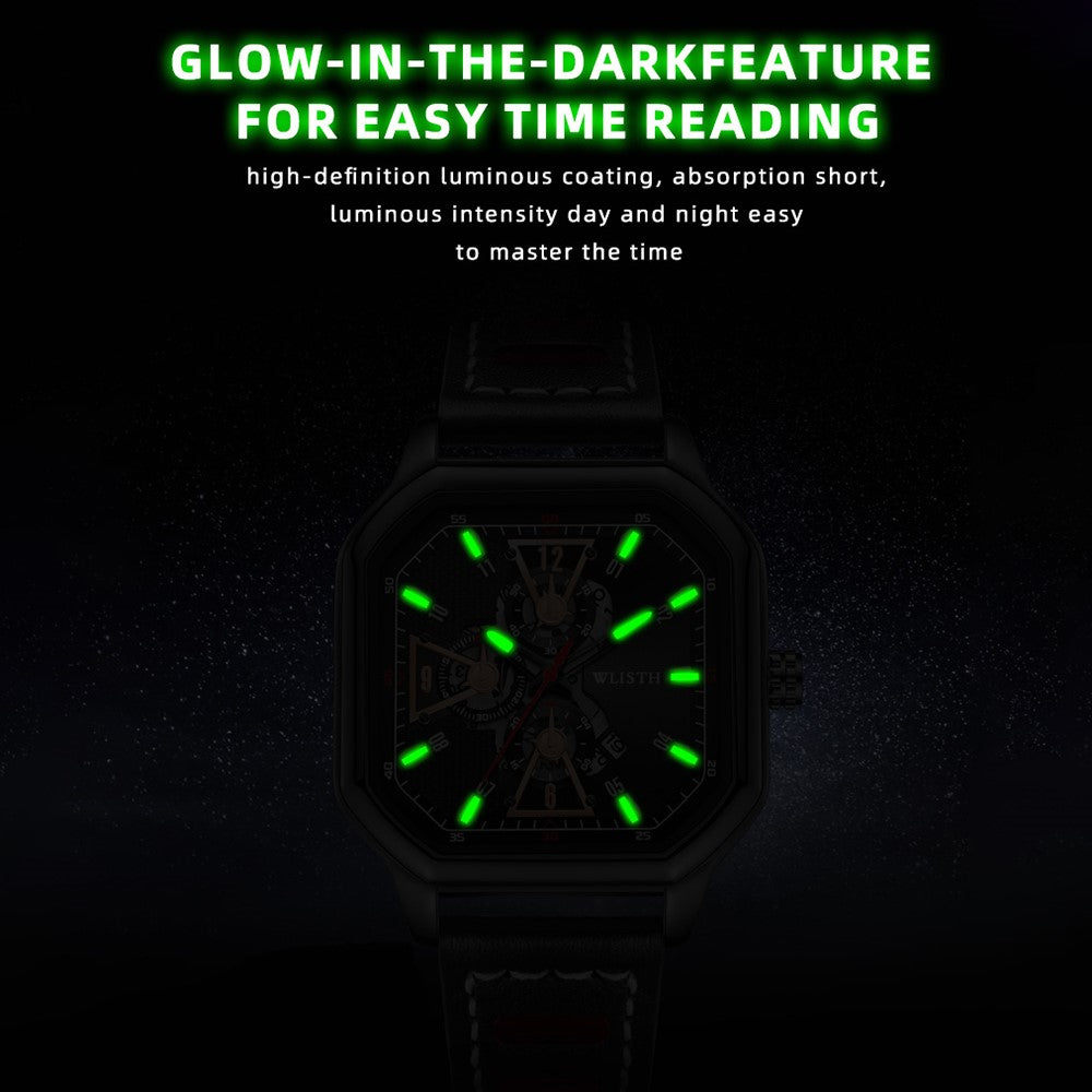 WLISTH 6146 Stylish Men Calendar Quartz Watch Square Luminous Wrist Watch