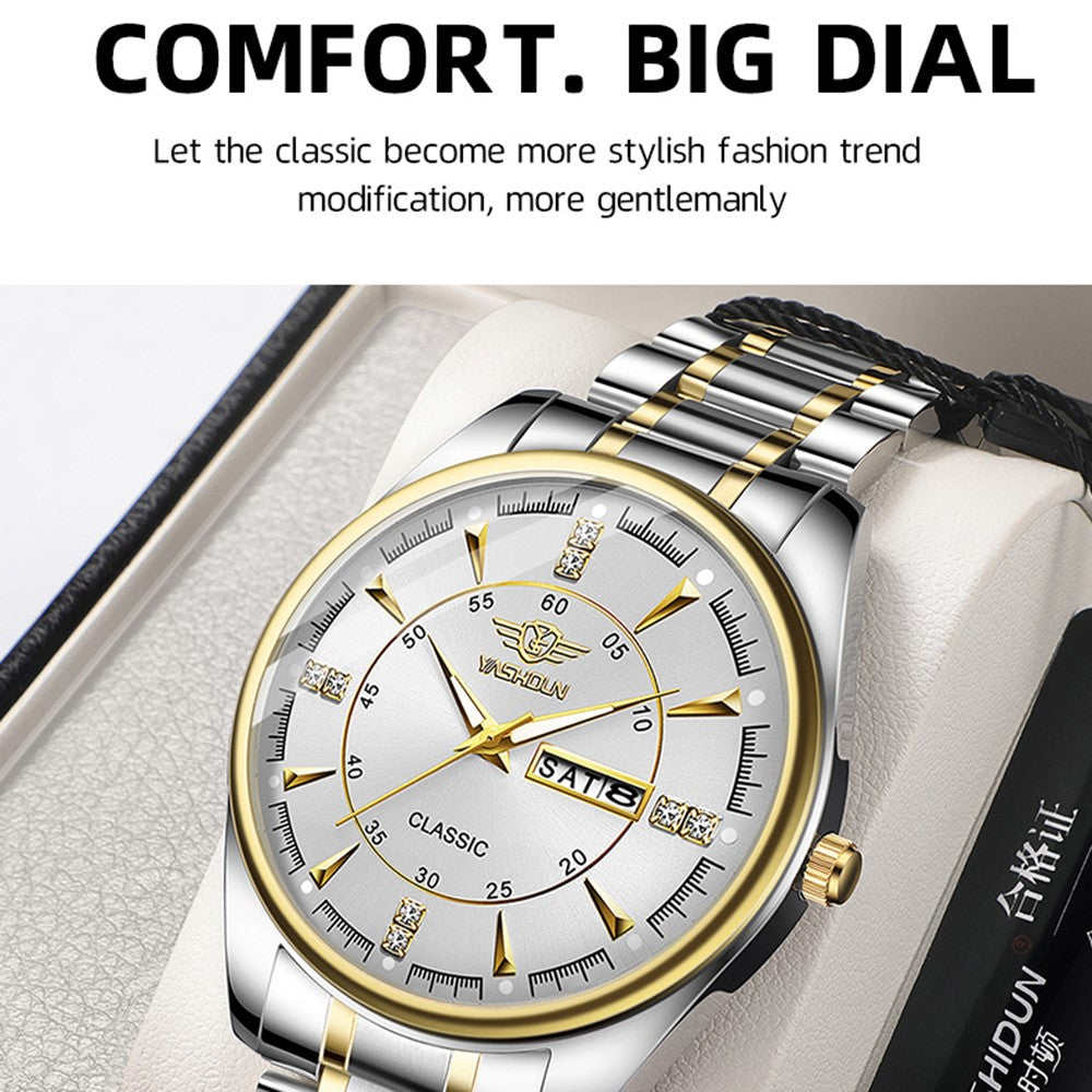 YASHIDUN 5063 Steel Strap Stylish Couple Quartz Watch Luminous Calendar Wrist Watch
