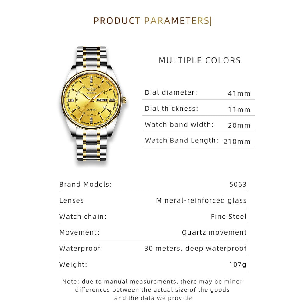YASHIDUN 5063 Steel Strap Stylish Couple Quartz Watch Luminous Calendar Wrist Watch