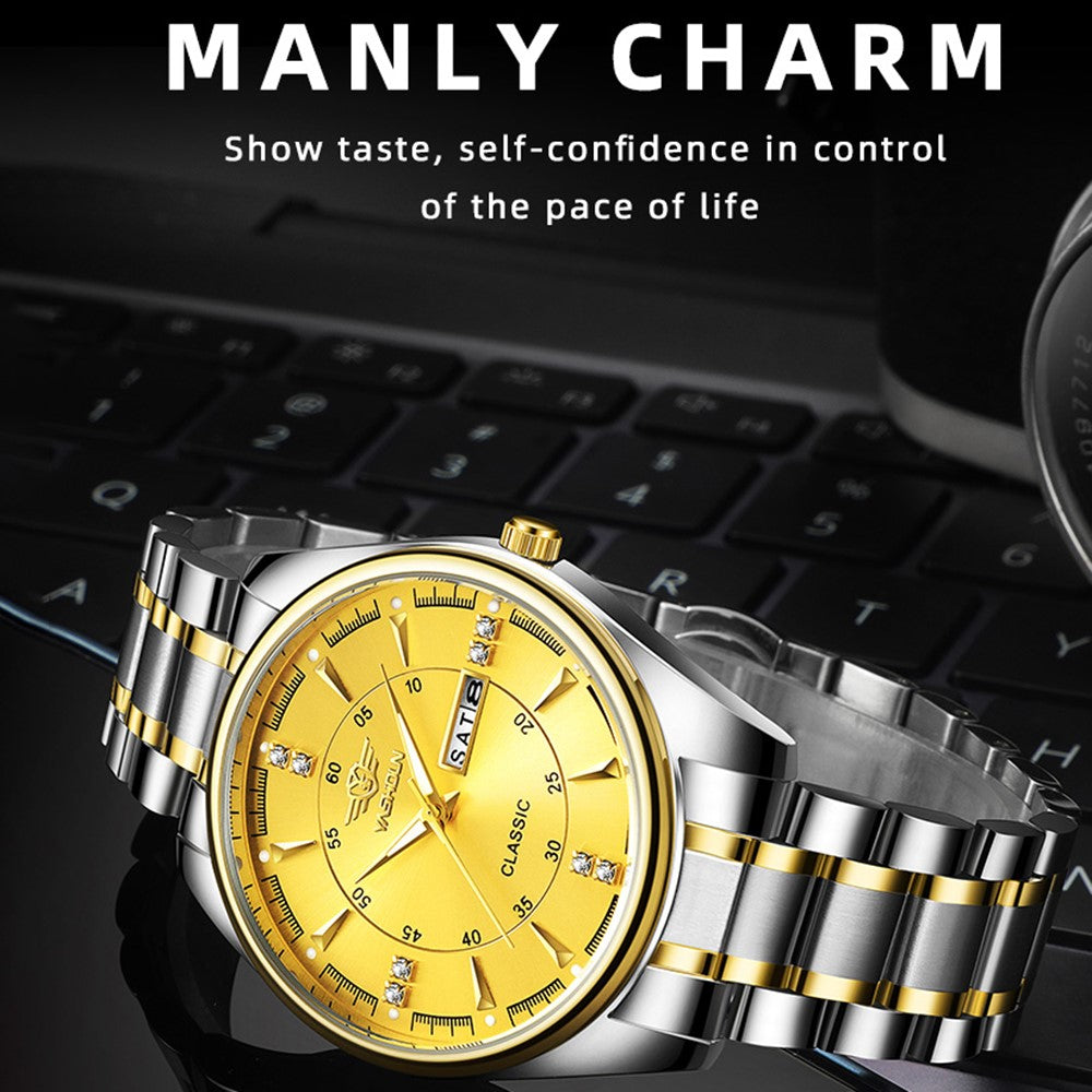 YASHIDUN 5063 Steel Strap Stylish Couple Quartz Watch Luminous Calendar Wrist Watch