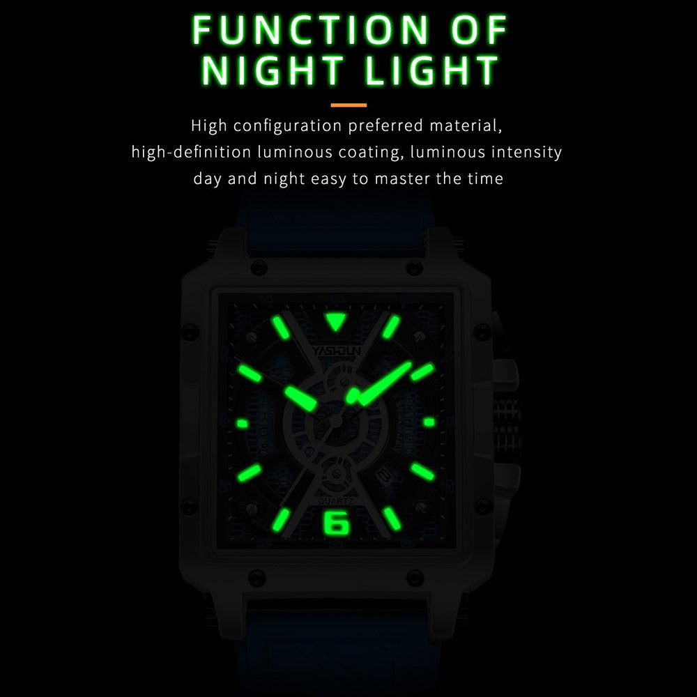 YASHIDUN 5071 Stylish Square Quartz Watch Silicone Strap Men Luminous Wrist Watch