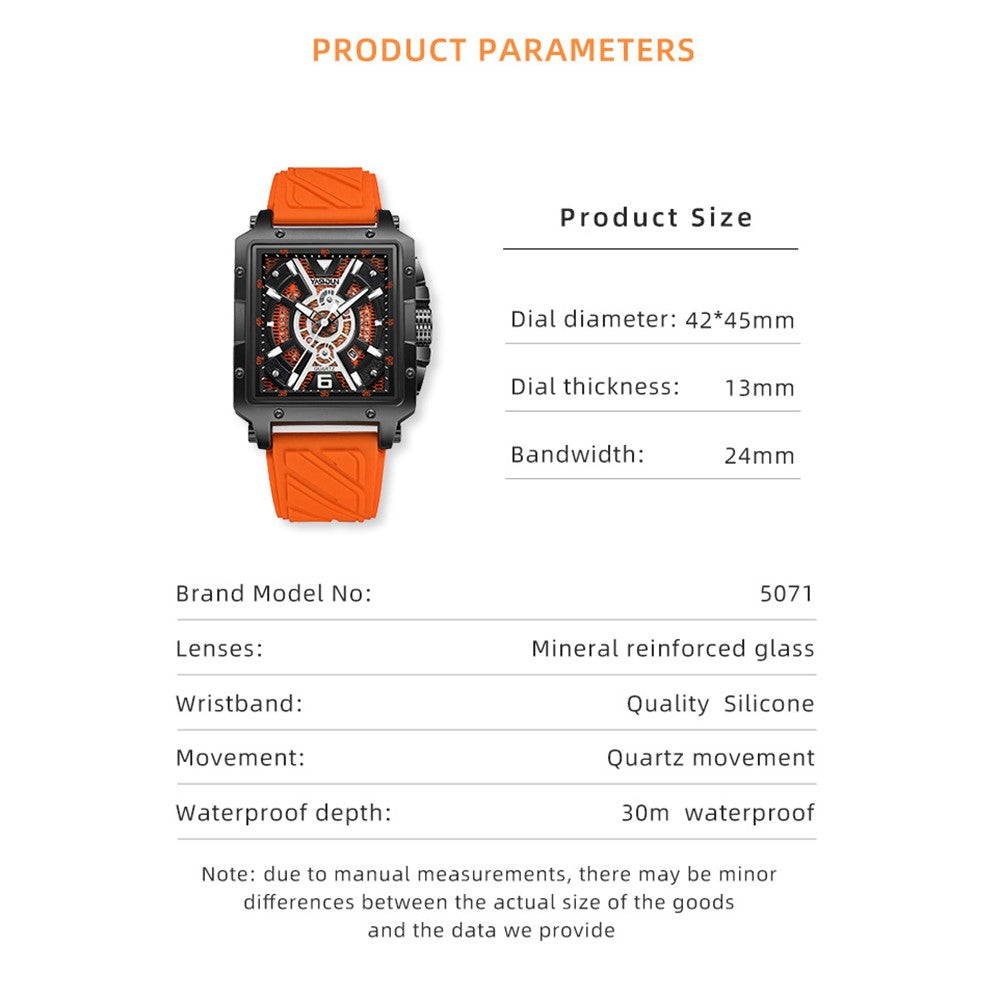 YASHIDUN 5071 Stylish Square Quartz Watch Silicone Strap Men Luminous Wrist Watch
