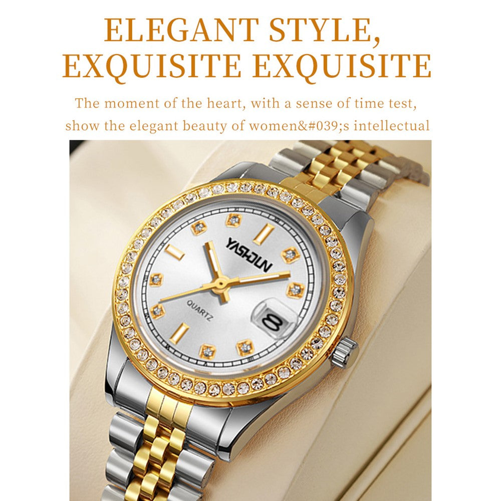 YASHIDUN 5068 Stylish Women Quartz Watch Steel Strap Rhinestone Decor Luminous Watch