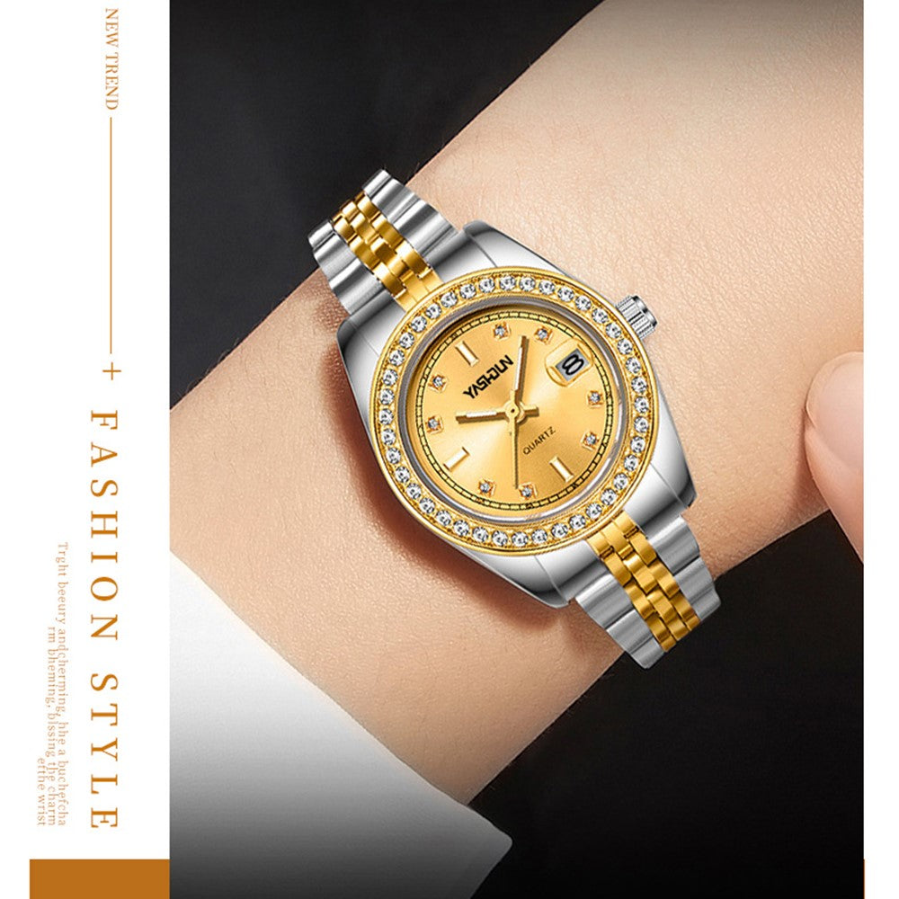 YASHIDUN 5068 Stylish Women Quartz Watch Steel Strap Rhinestone Decor Luminous Watch