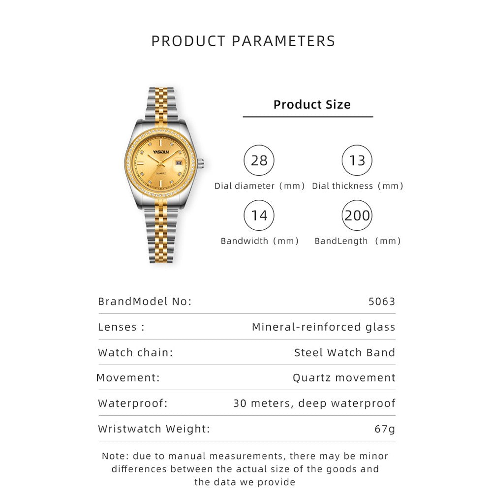 YASHIDUN 5068 Stylish Women Quartz Watch Steel Strap Rhinestone Decor Luminous Watch