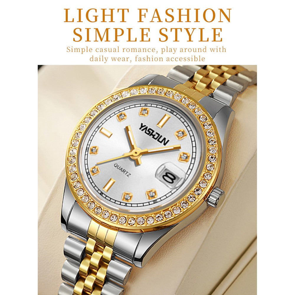 YASHIDUN 5068 Stylish Women Quartz Watch Steel Strap Rhinestone Decor Luminous Watch
