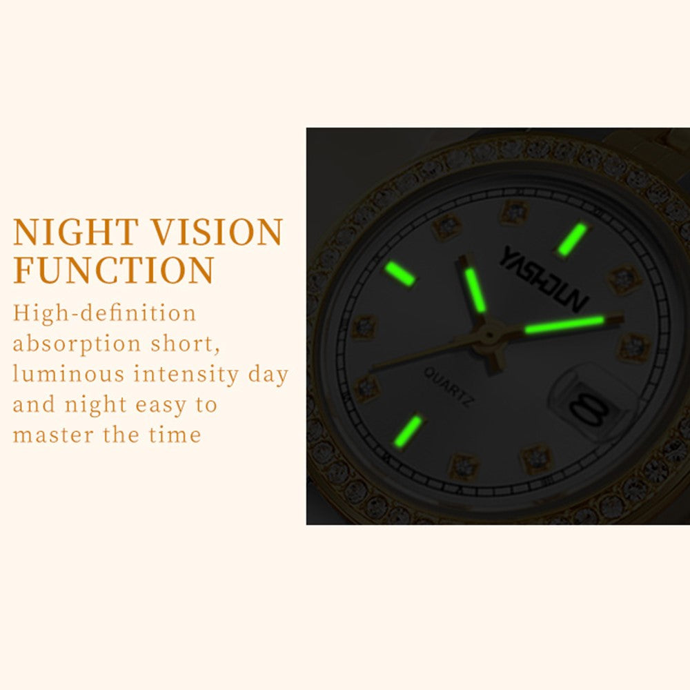 YASHIDUN 5068 Stylish Women Quartz Watch Steel Strap Rhinestone Decor Luminous Watch