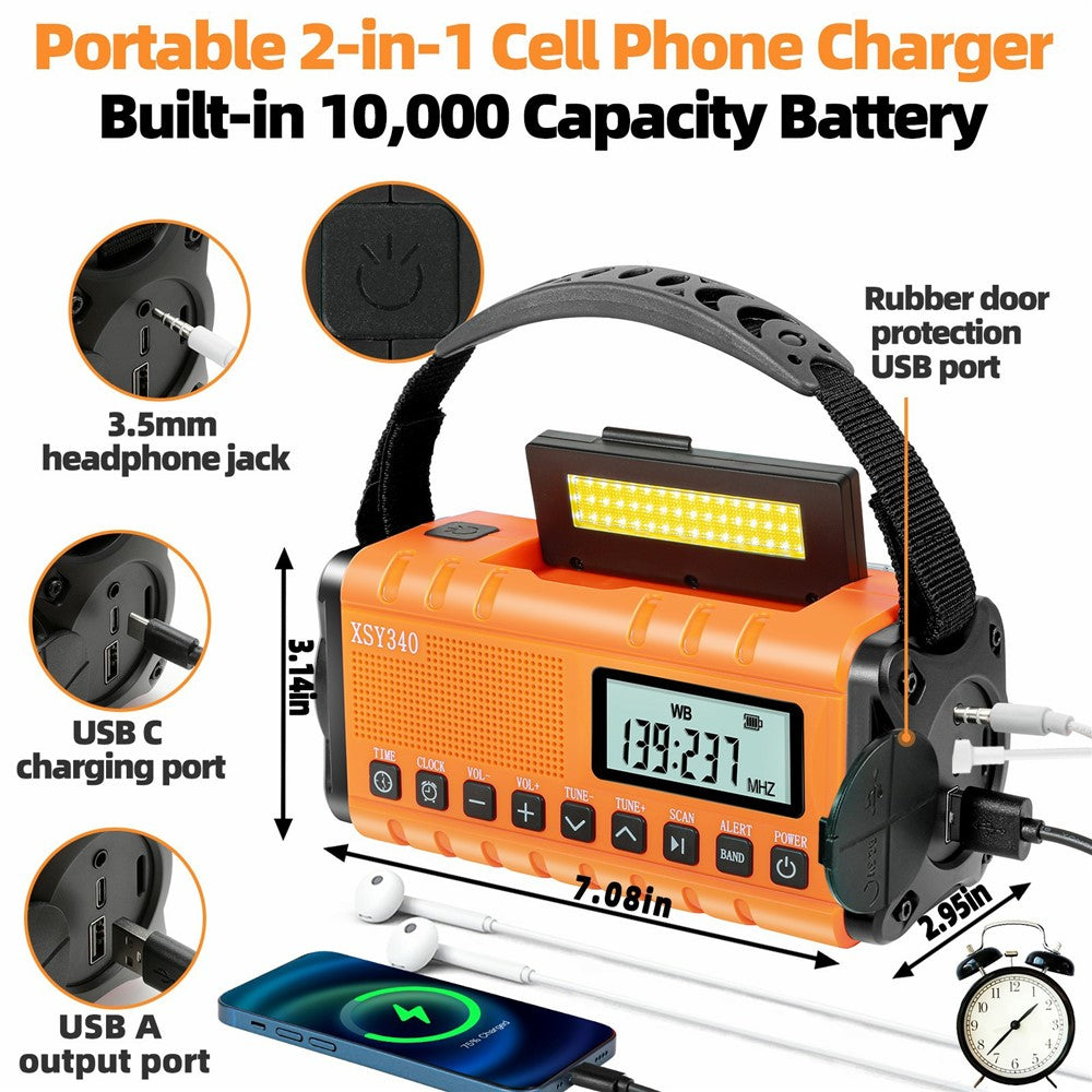 XSY340 Digital Display Outdoor Solar Hand Crank FM Radio Flashlight 10000mAh Power Bank
