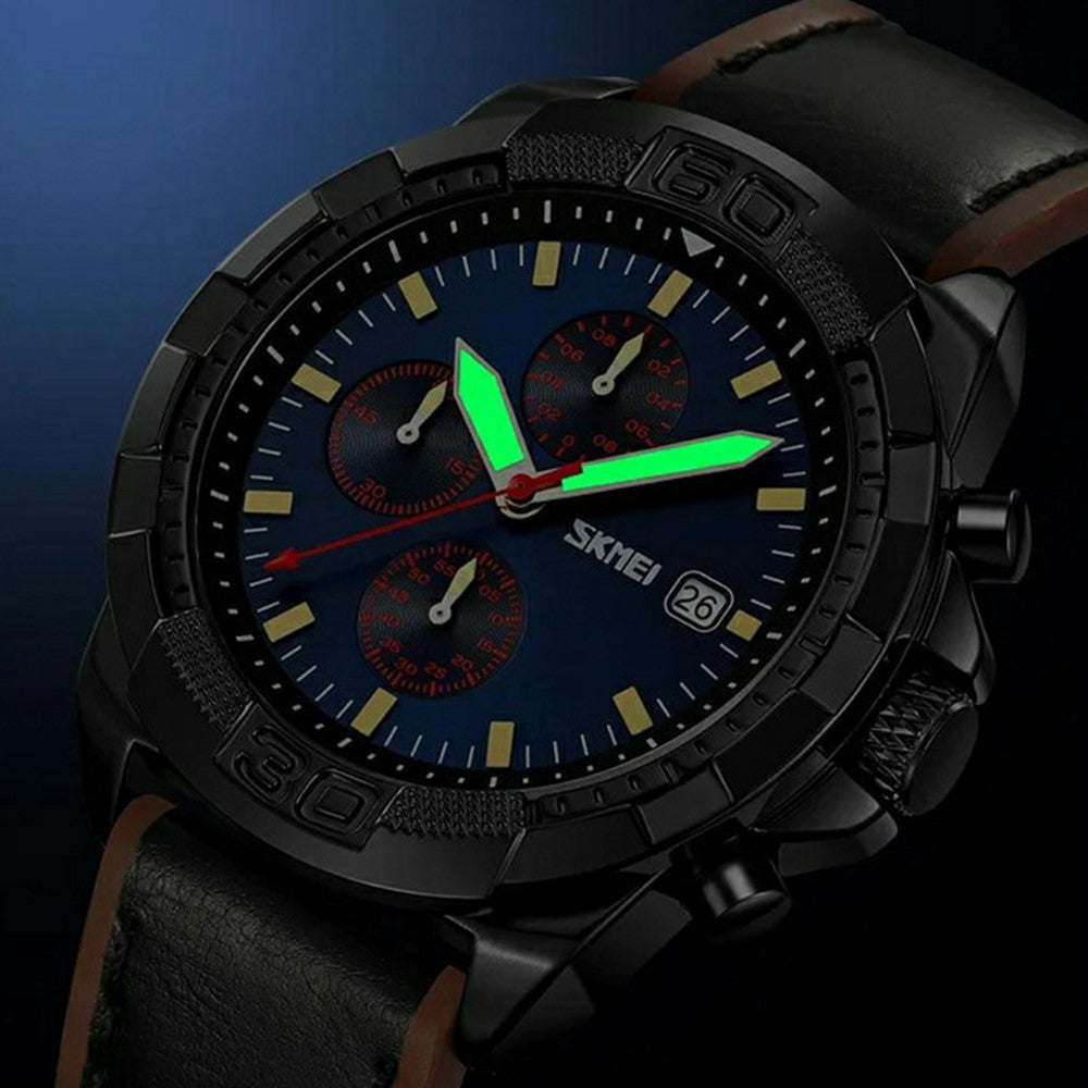 SKMEI 9347 Stylish Men Leather Strap Luminous Calendar Quartz Watch