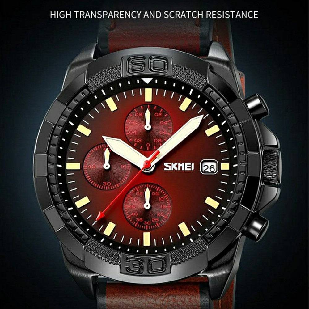 SKMEI 9347 Stylish Men Leather Strap Luminous Calendar Quartz Watch