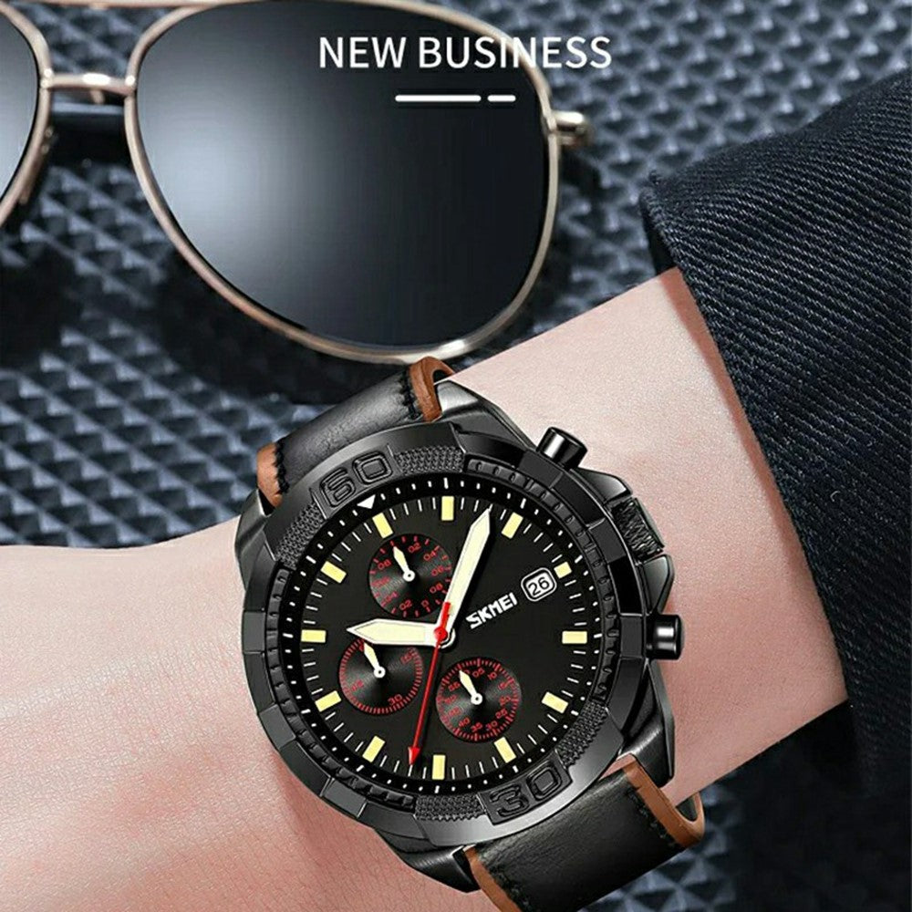 SKMEI 9347 Stylish Men Leather Strap Luminous Calendar Quartz Watch