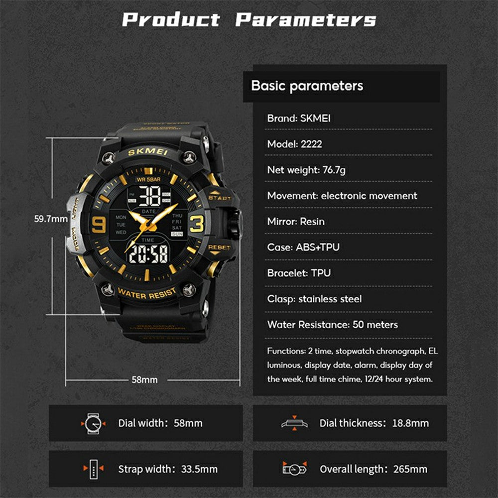 SKMEI 2222 Outdoor Sports Multi-function Electronic Watch 50m Waterproof Luminous Stopwatch