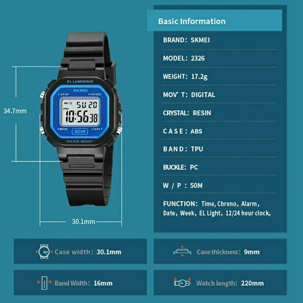 SKMEI 2326 Digital Electronic Watch for Students, Square LED Display, 50M Water Resistant