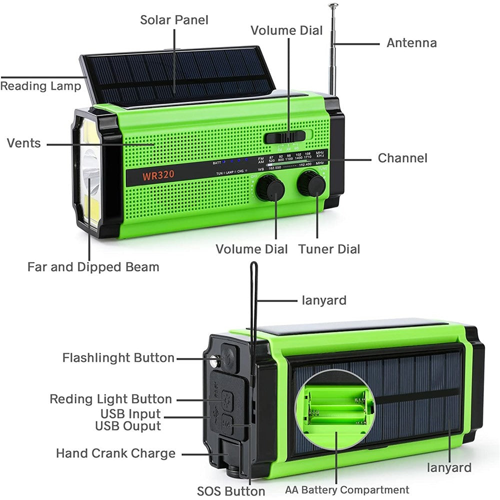 XSY320 Outdoor Solar Hand Crank FM / AM / WB Radio Flashlight 5000mAh Power Bank