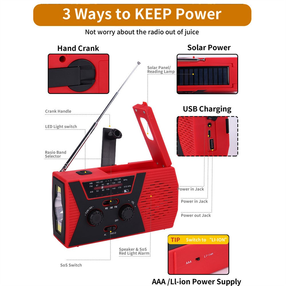 HY-018 Portable Solar Hand Crank FM AM WB Radio 3LED Flashlight Reading Lamp Power Bank