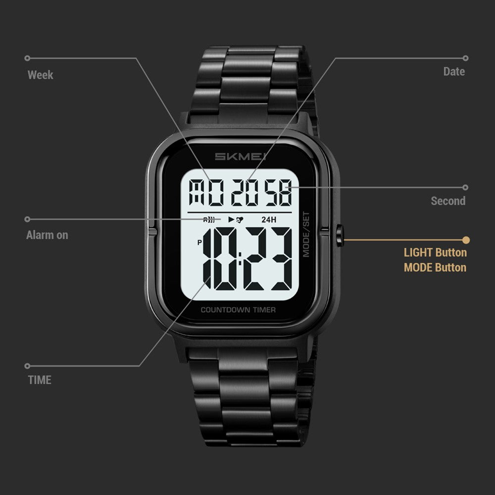 SKMEI 2316 50m Waterproof Digital Watch Square Electronic Wristwatch with EL Backlight and Stopwatch