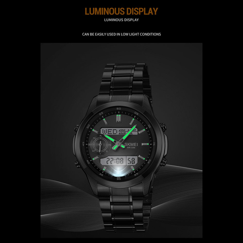 SKMEI 2284 Luksus Forretningsur til Mænd Dobbelt Display Stålbånd Quartz Armbåndsur med LED Baggrundsbelysning