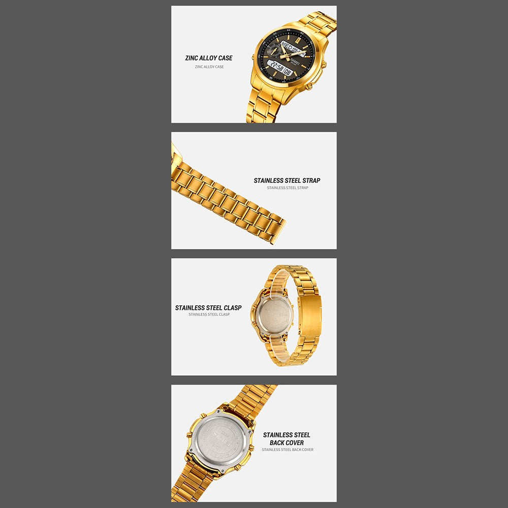 SKMEI 2284 Luksus Forretningsur til Mænd Dobbelt Display Stålbånd Quartz Armbåndsur med LED Baggrundsbelysning