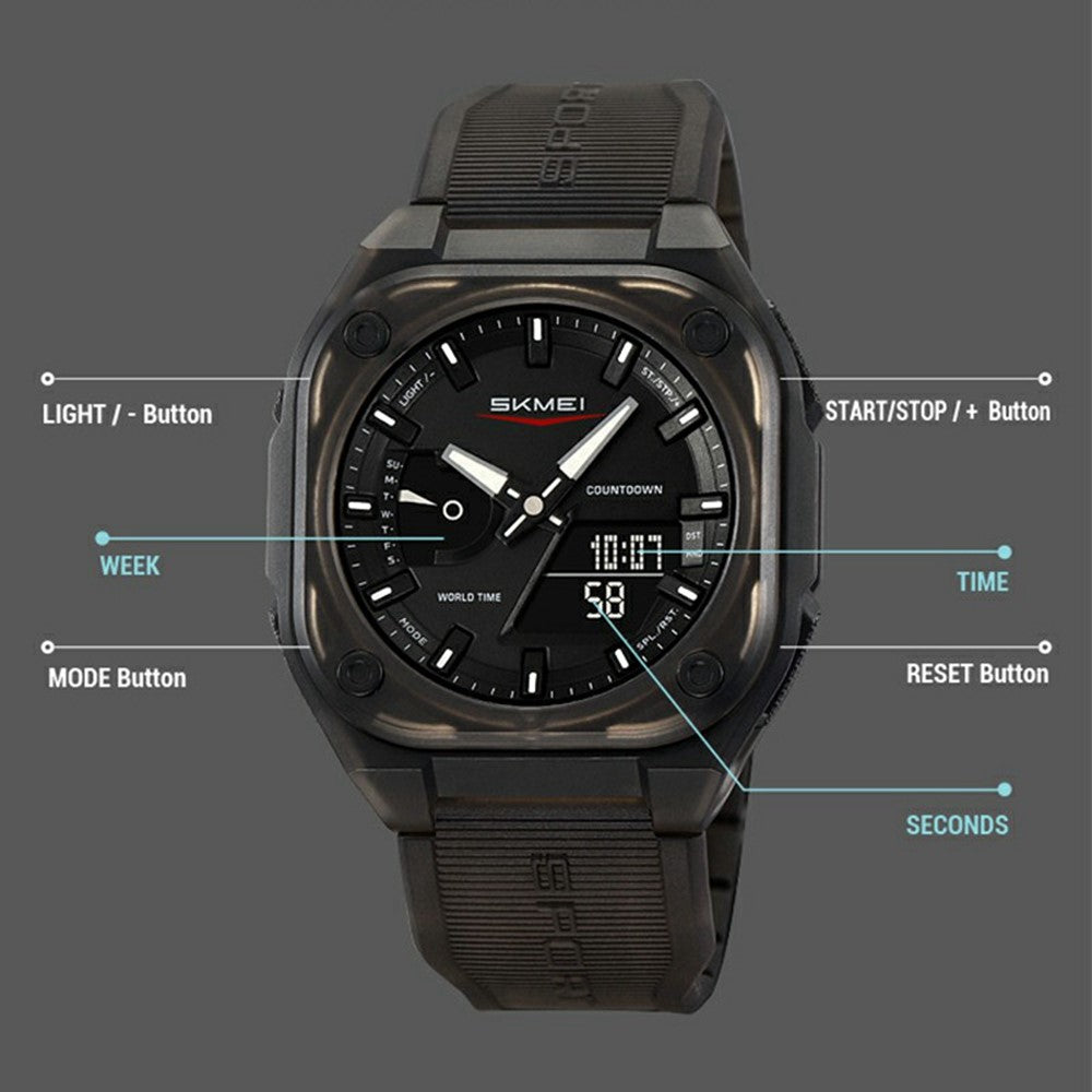 SKMEI 2328 Outdoor Student Square Electronic Watch 50M Waterproof Multifunction Sports Timepiece