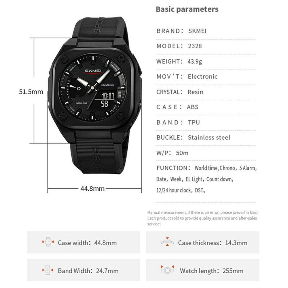 SKMEI 2328 Outdoor Student Square Electronic Watch 50M Waterproof Multifunction Sports Timepiece