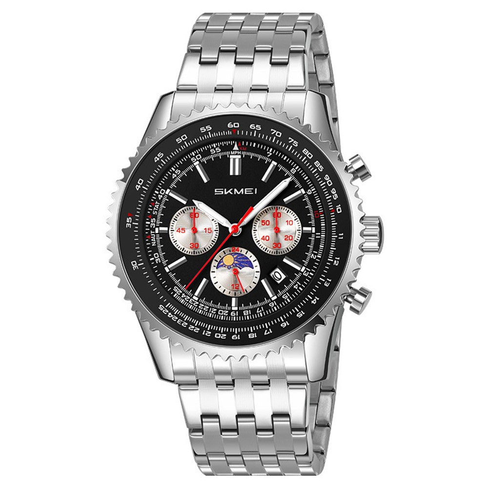 SKMEI 9348 Multifunctional Quartz Watch Three Small Dials Stainless Steel Band Waterproof Watch