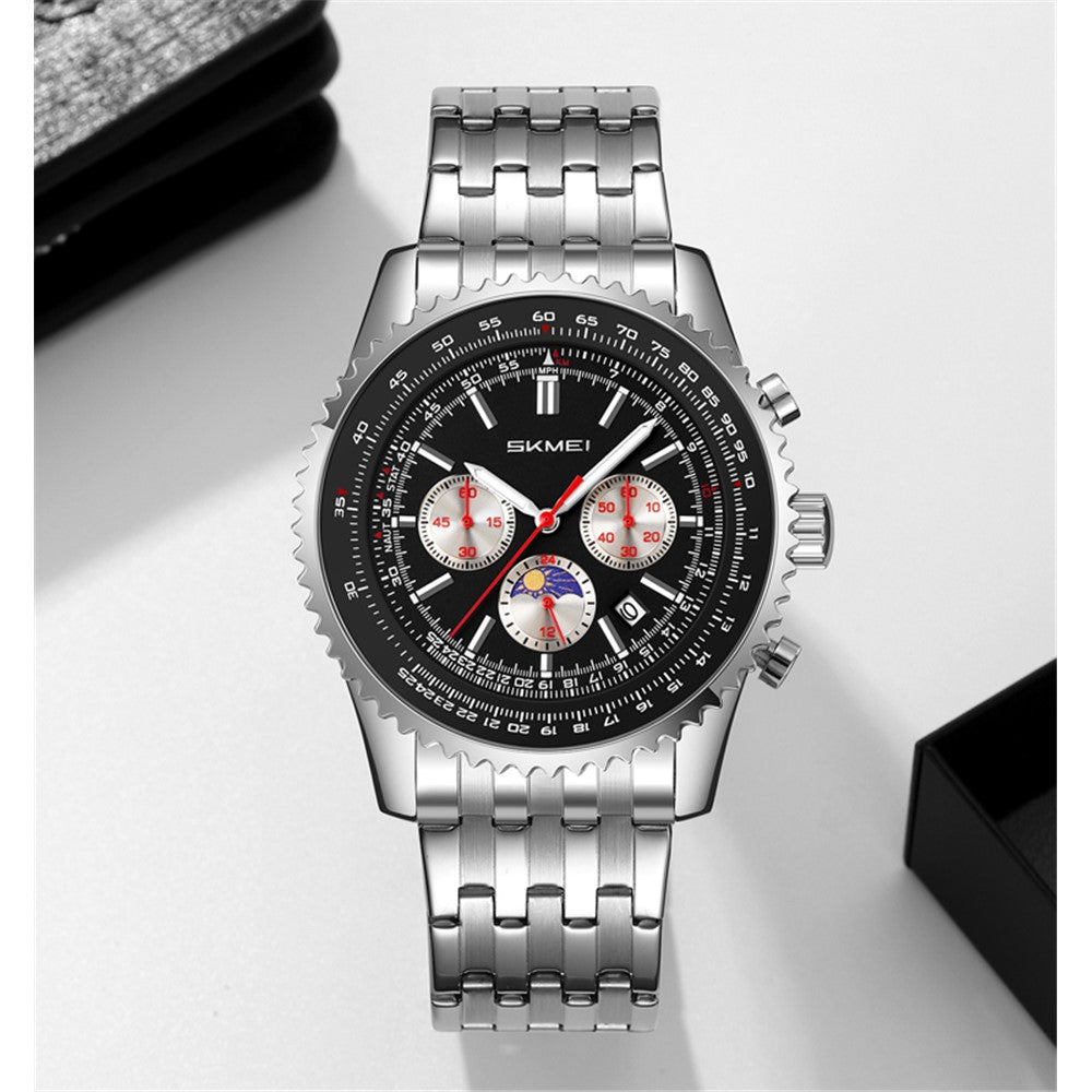 SKMEI 9348 Multifunctional Quartz Watch Three Small Dials Stainless Steel Band Waterproof Watch