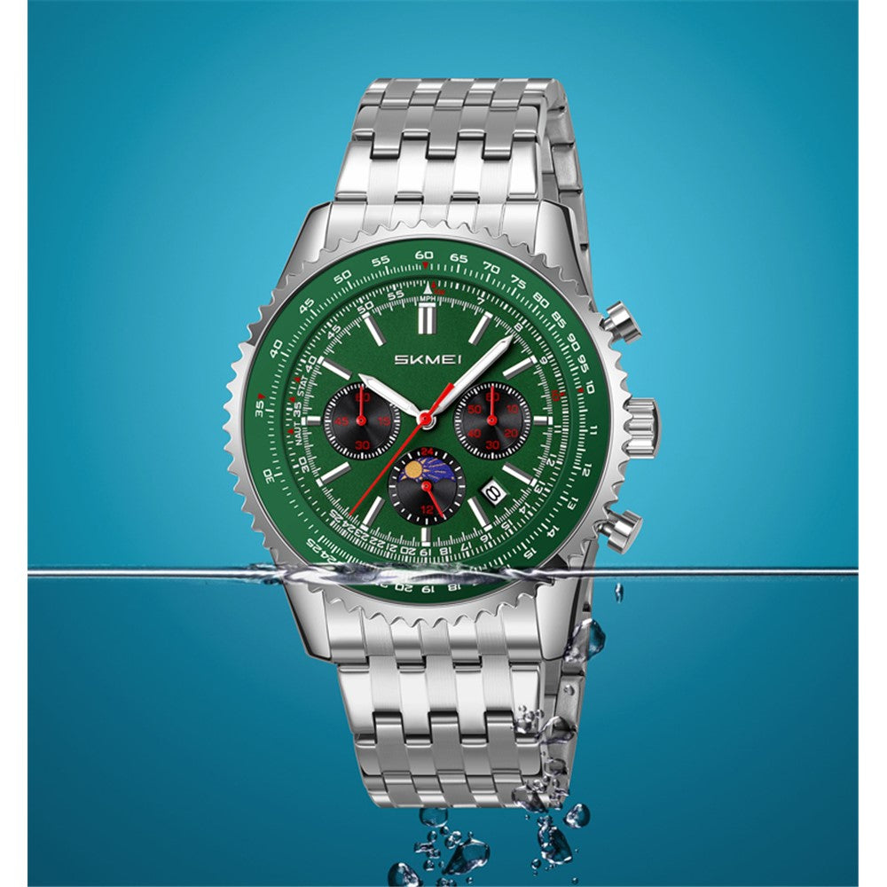 SKMEI 9348 Multifunctional Quartz Watch Three Small Dials Stainless Steel Band Waterproof Watch