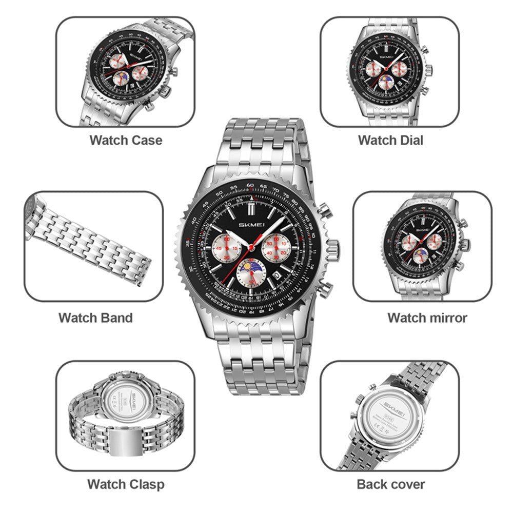 SKMEI 9348 Multifunctional Quartz Watch Three Small Dials Stainless Steel Band Waterproof Watch