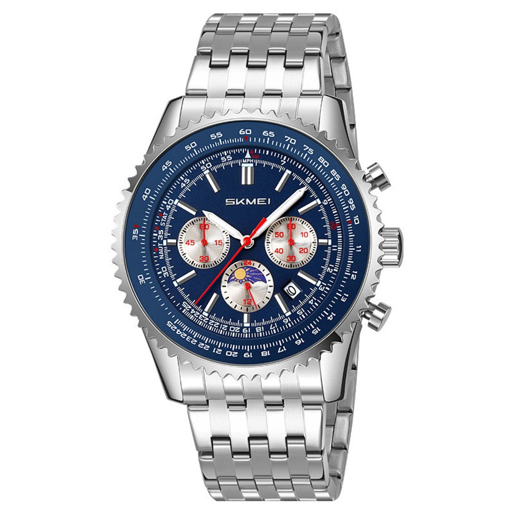 SKMEI 9348 Multifunctional Quartz Watch Three Small Dials Stainless Steel Band Waterproof Watch