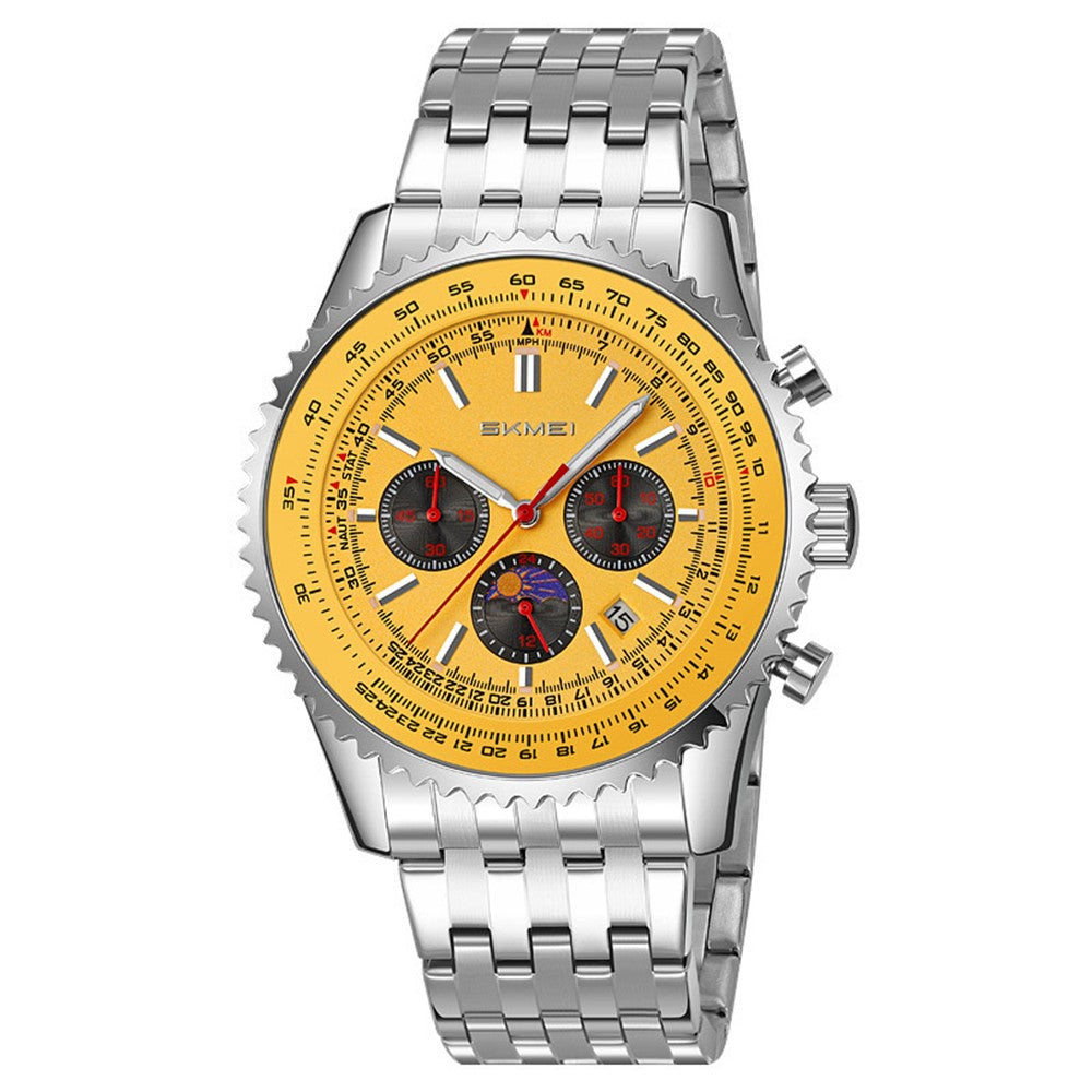 SKMEI 9348 Multifunctional Quartz Watch Three Small Dials Stainless Steel Band Waterproof Watch