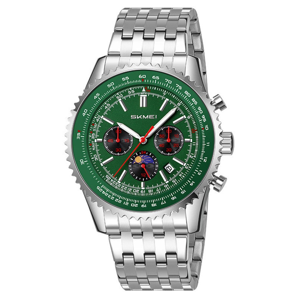 SKMEI 9348 Multifunctional Quartz Watch Three Small Dials Stainless Steel Band Waterproof Watch