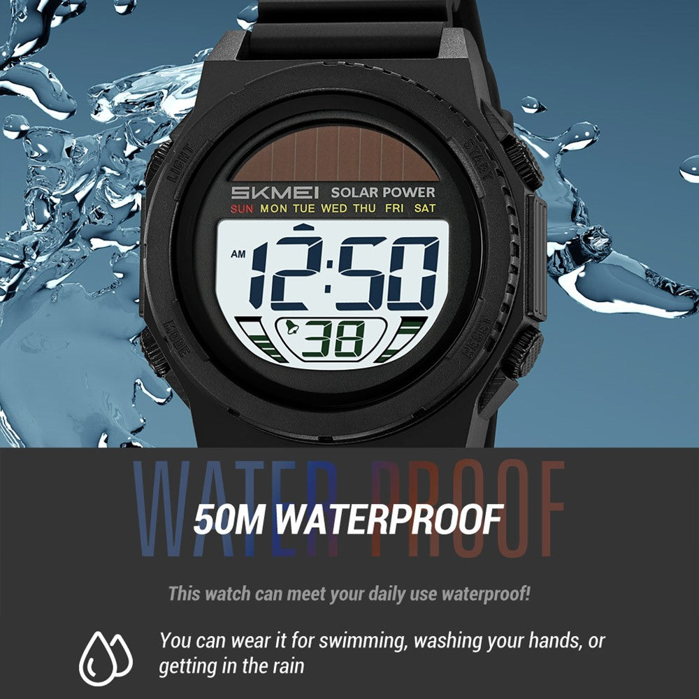 SKMEI 2358 Solar Powered Digital Watch Electronic Waterproof Sports Wristwatch with EL Backlight
