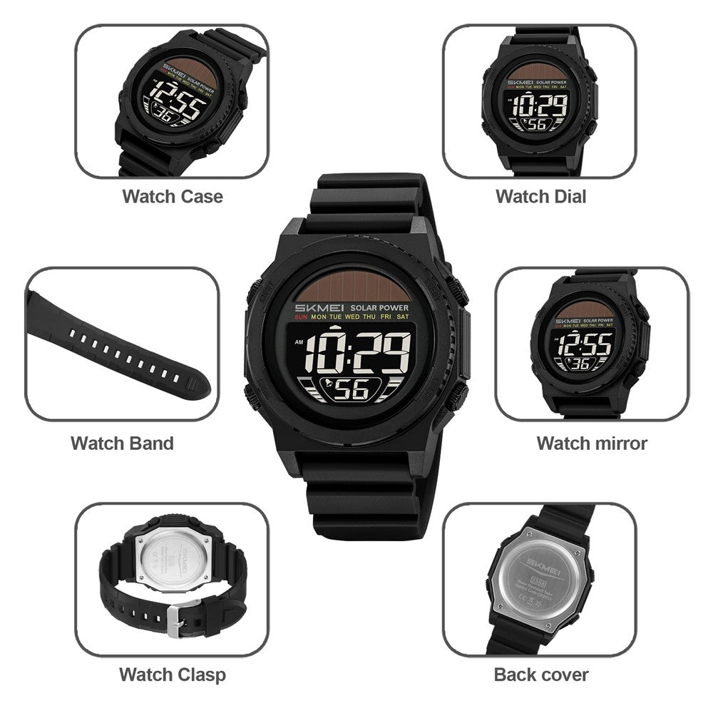 SKMEI 2358 Solar Powered Digital Watch Electronic Waterproof Sports Wristwatch with EL Backlight