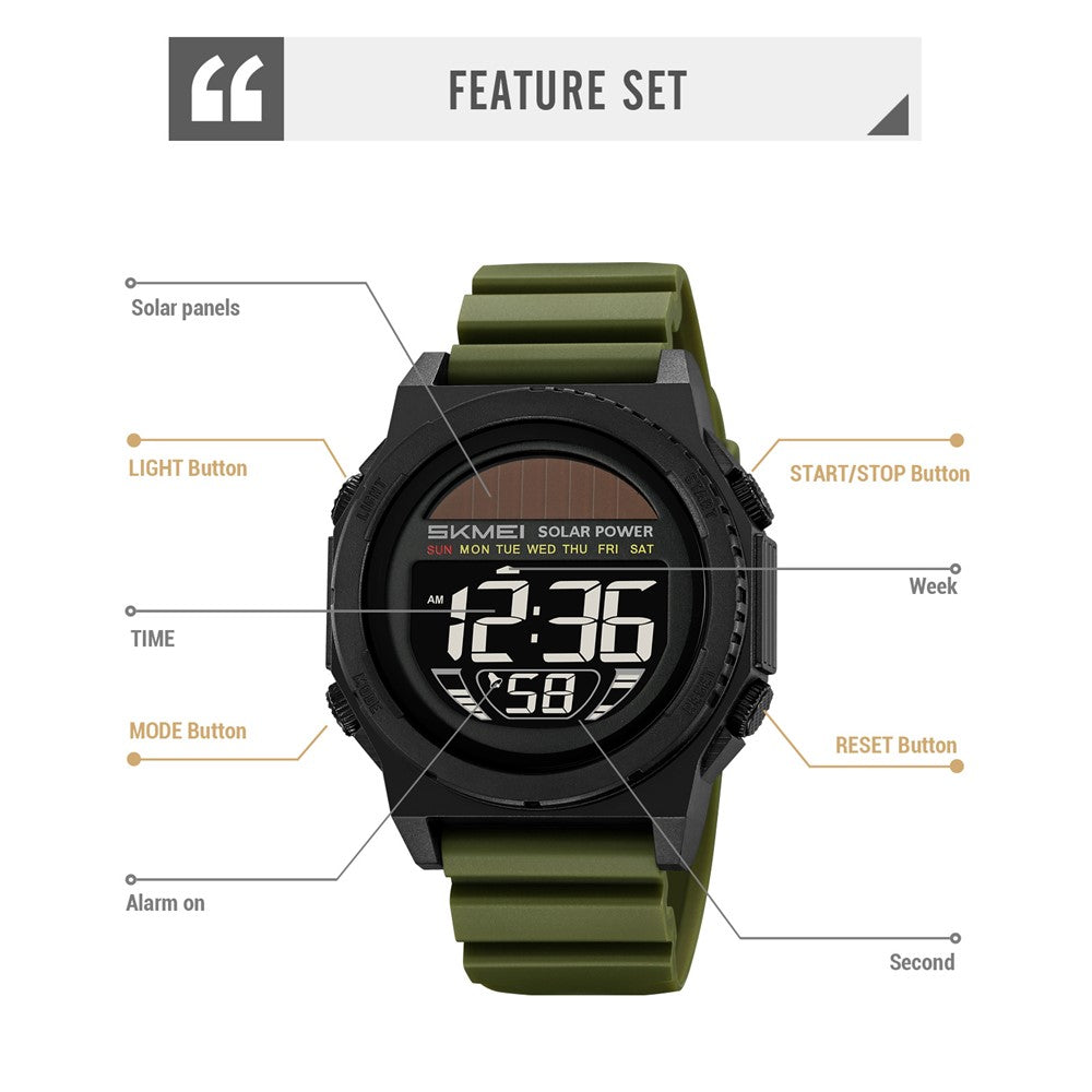 SKMEI 2358 Solar Powered Digital Watch Electronic Waterproof Sports Wristwatch with EL Backlight